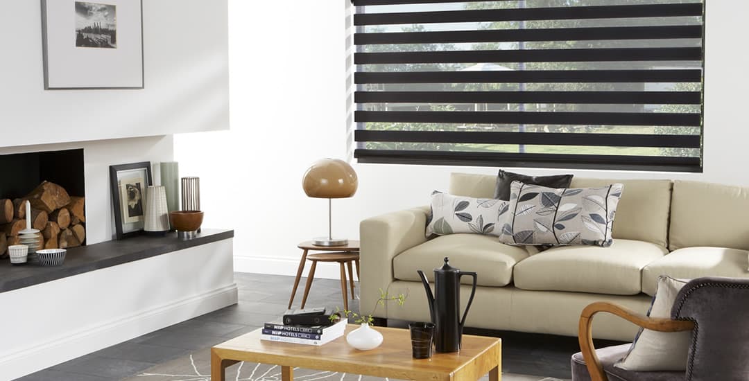 Black day and night blinds in modern lounge