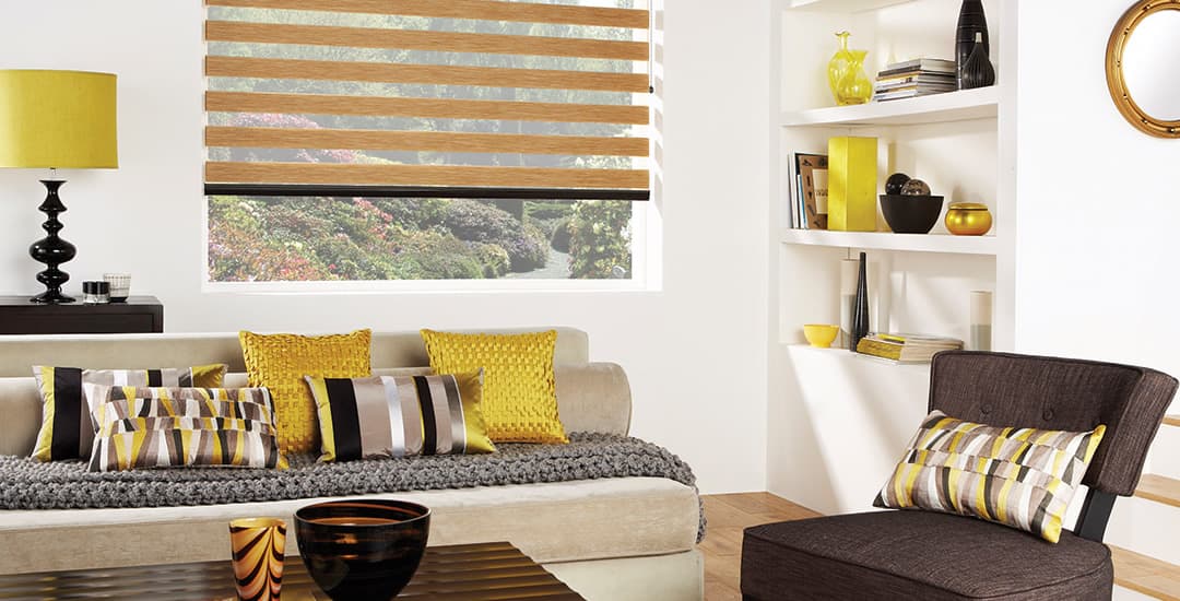 Golden brown day and night blinds in living room