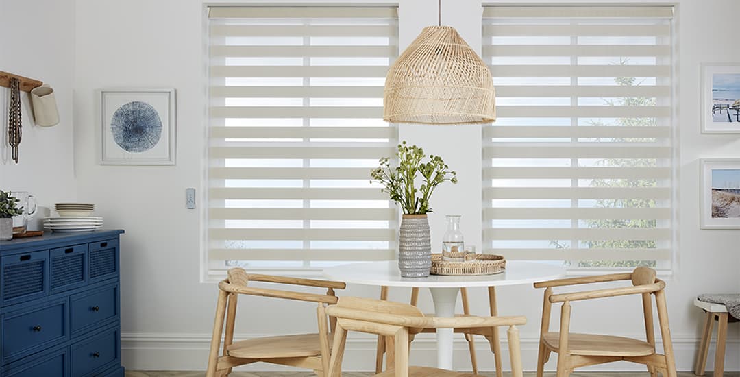 Luxury beige day and night blinds in dining room