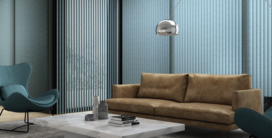 Blue patterned vertical blinds in modern living room