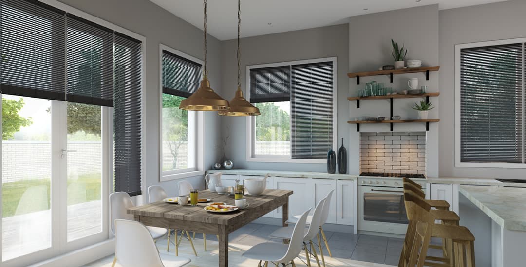 Grey aluminium venetian blinds in kitchen