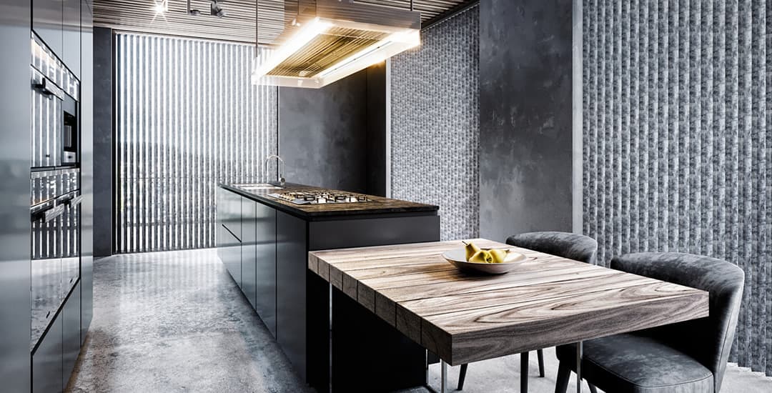 Grey patterned vertical blinds in luxury kitchen