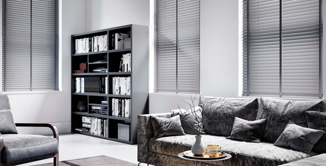 Grey wooden blinds with tapes in contemporary living room