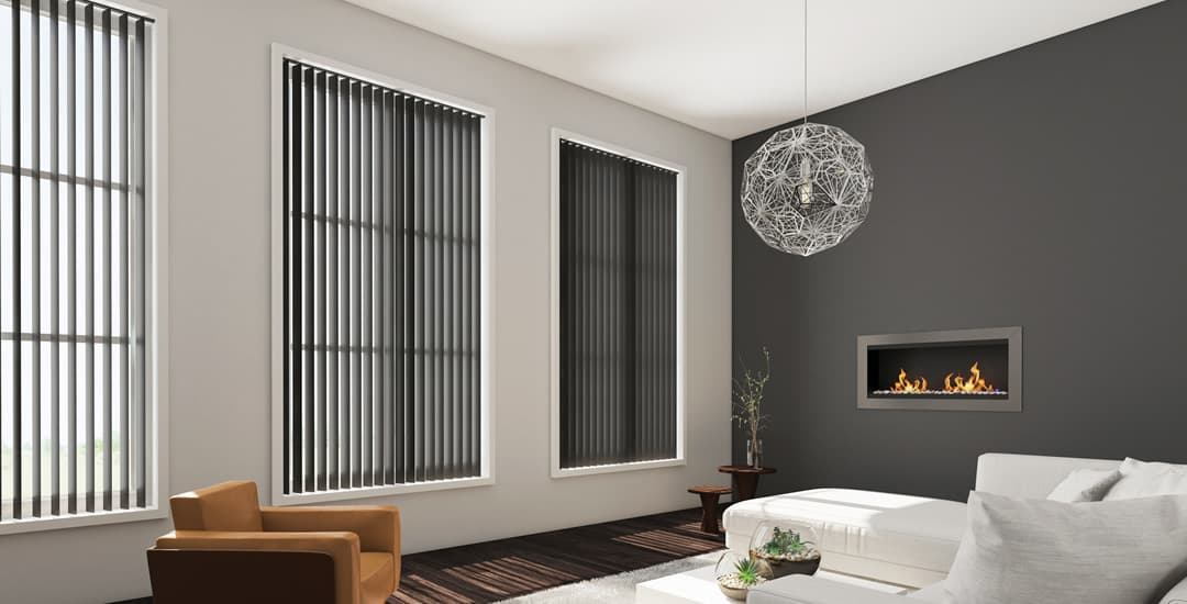 Half open grey vertical blinds in lounge