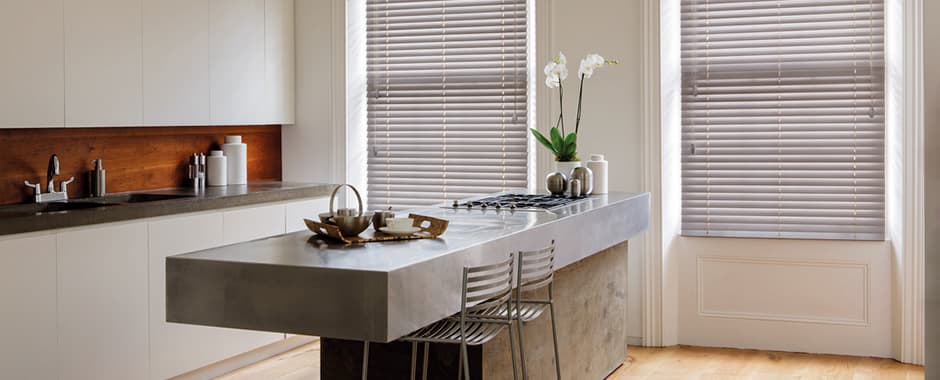 Wooden blinds in modern kitchen