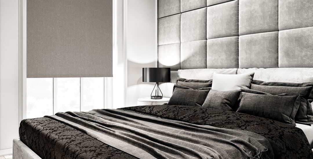 Brown textured blackout blinds in luxury bedroom