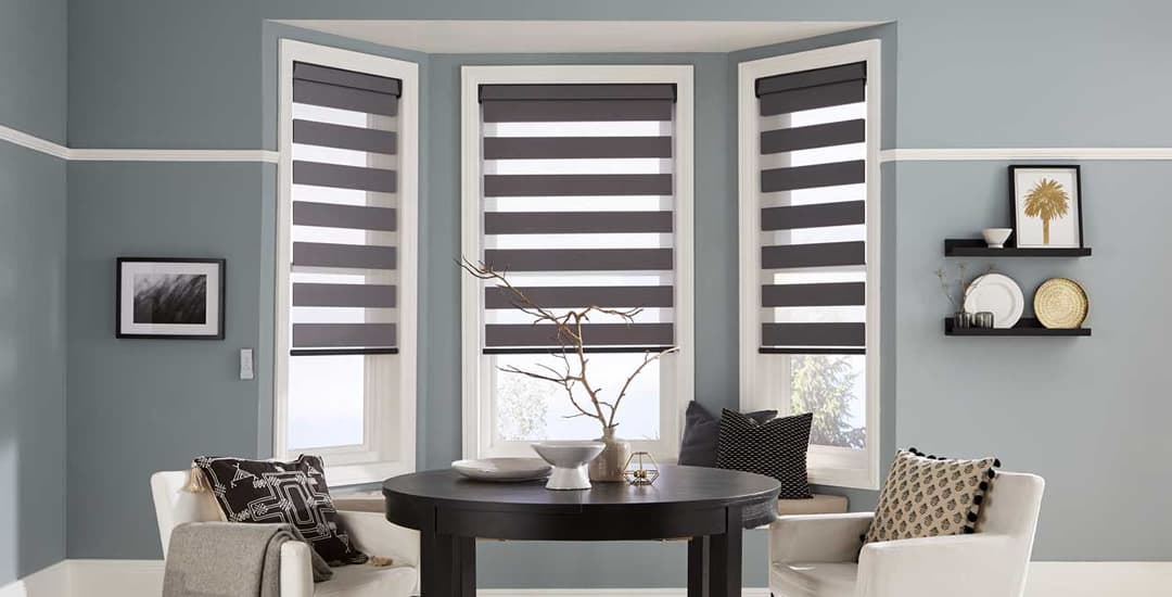 Grey day and night blinds in lounge bay window