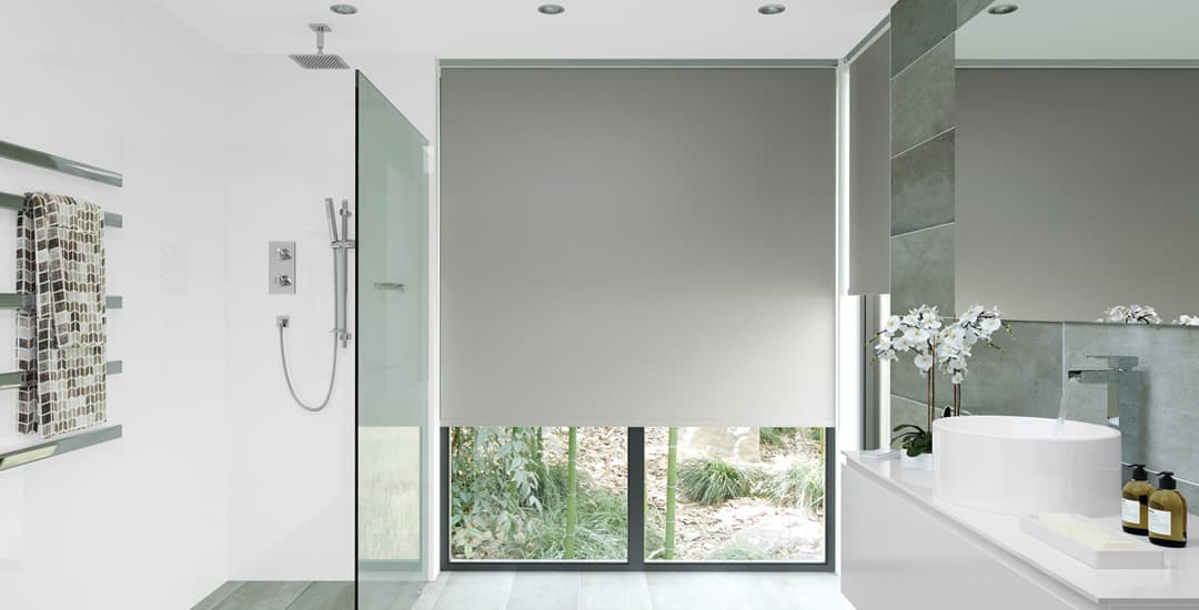 Grey waterproof blackout roller blinds in bathroom