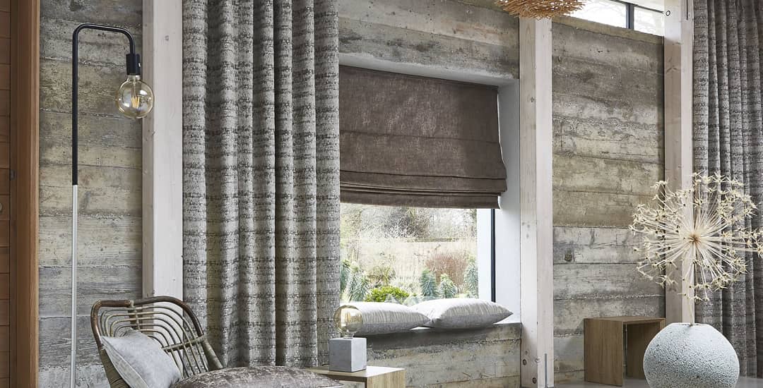 Luxury brown roman blinds in rustic modern lounge