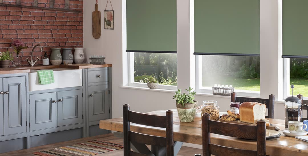 Green water resistant kitchen roller blinds