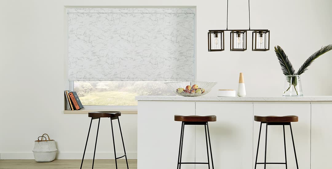 White marble patterned PVC kitchen roller blinds