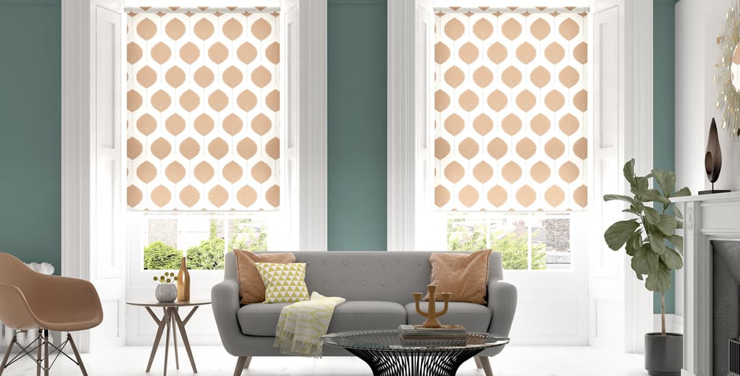 Orange patterned roller blinds in living room