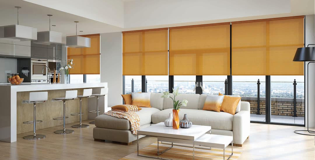 Orange roller blinds on bifold doors