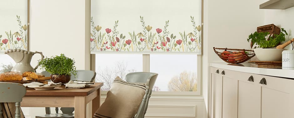 Wildflowers poppy patterned roller blinds in kitchen