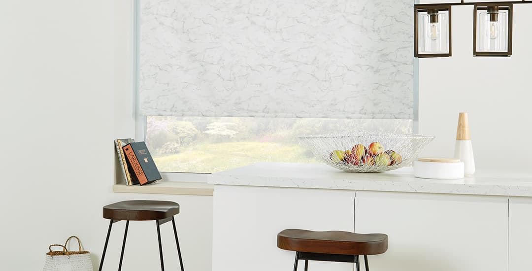 Marble patterned waterproof pvc roller blind in kitchen