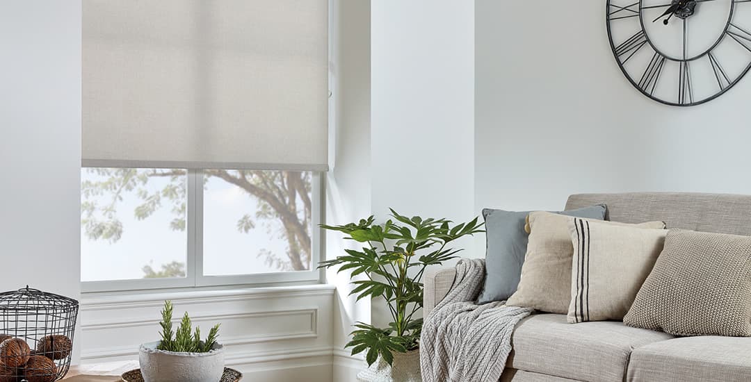 Plain mushroom beige roller blind in living room