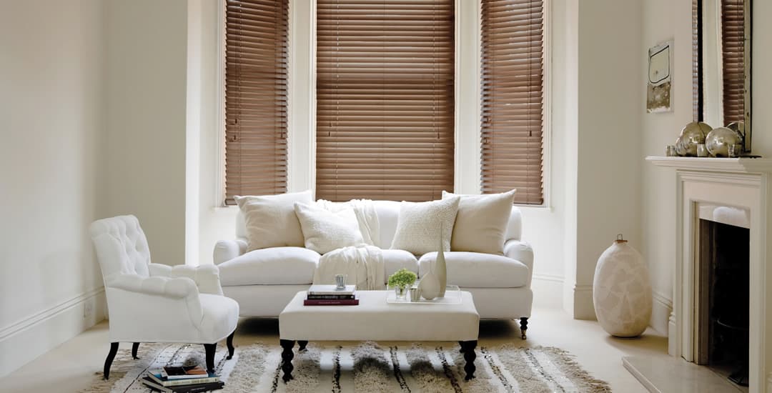 Walnut real wooden blinds in living room 