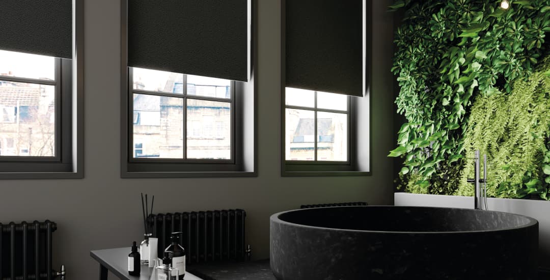 Black waterproof pvc roller blinds in large luxury bathroom