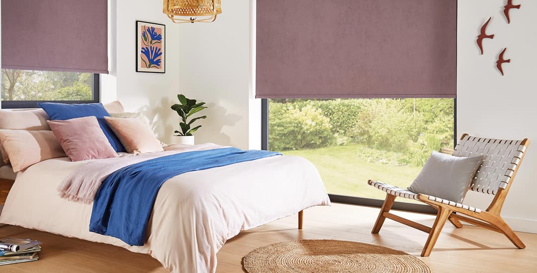 Luxury heather blackout roller blinds in bedroom