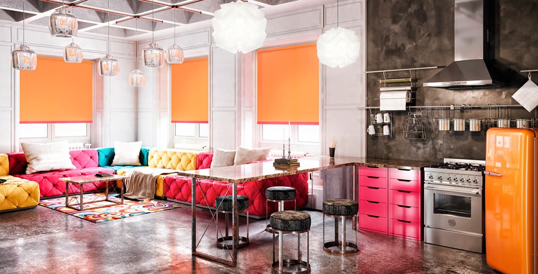 Orange roller blinds in colourful contemporary kitchen diner 