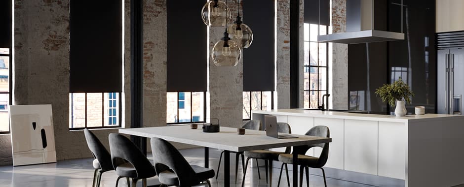 Black roller blinds in contemporary kitchen diner
