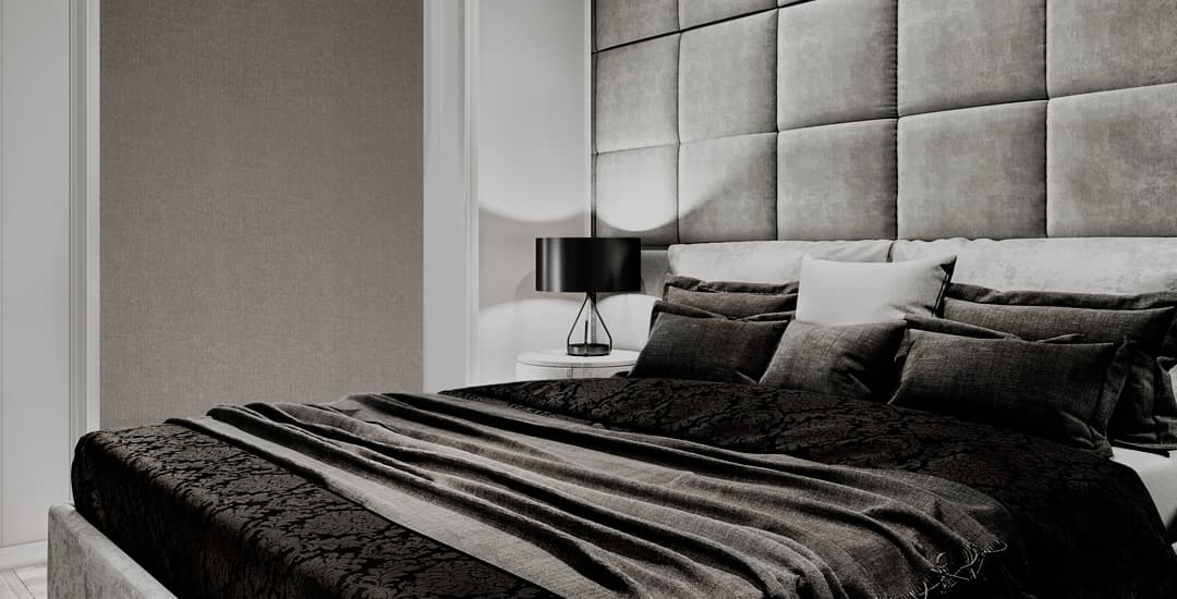 Brown textured blackout roller blinds in darkened bedroom