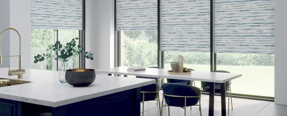 Contemporary blue and green striped roller blinds in kitchen
