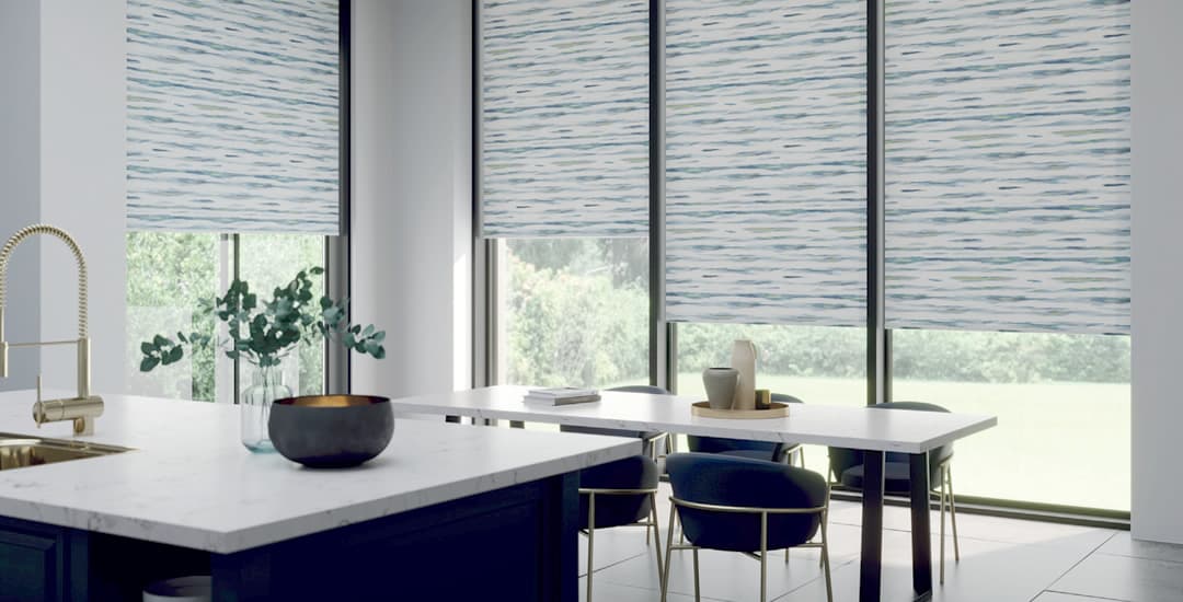 Contemporary blue and green striped roller blinds in kitchen 