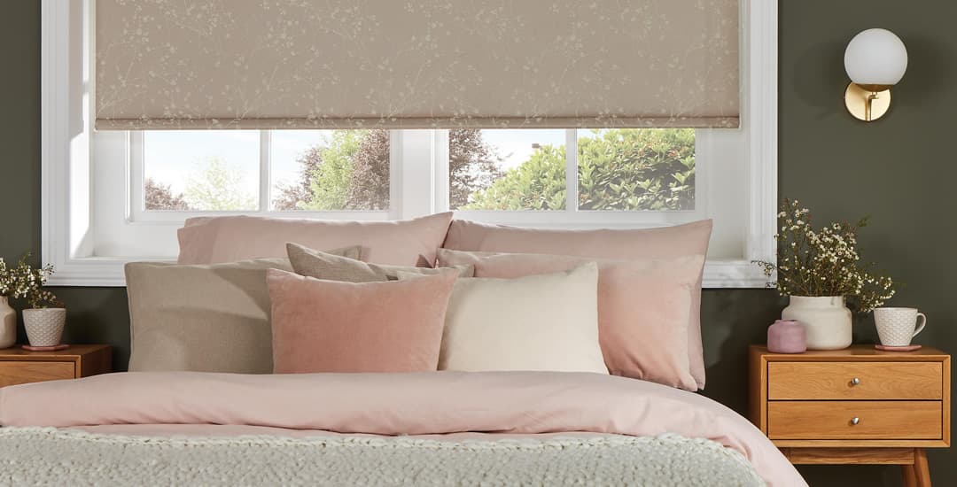 Luxury floral blackout roller blinds in bedroom