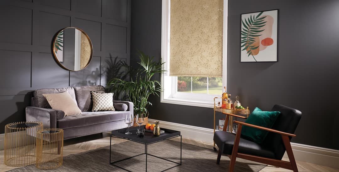 Luxury gold floral patterned roller blinds in dark grey living room