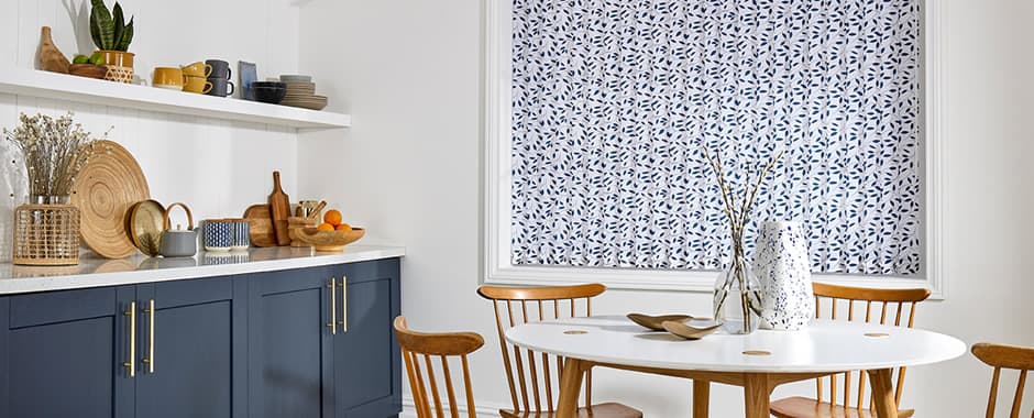 Blue and white floral patterned vertical blinds in contemporary kitchen