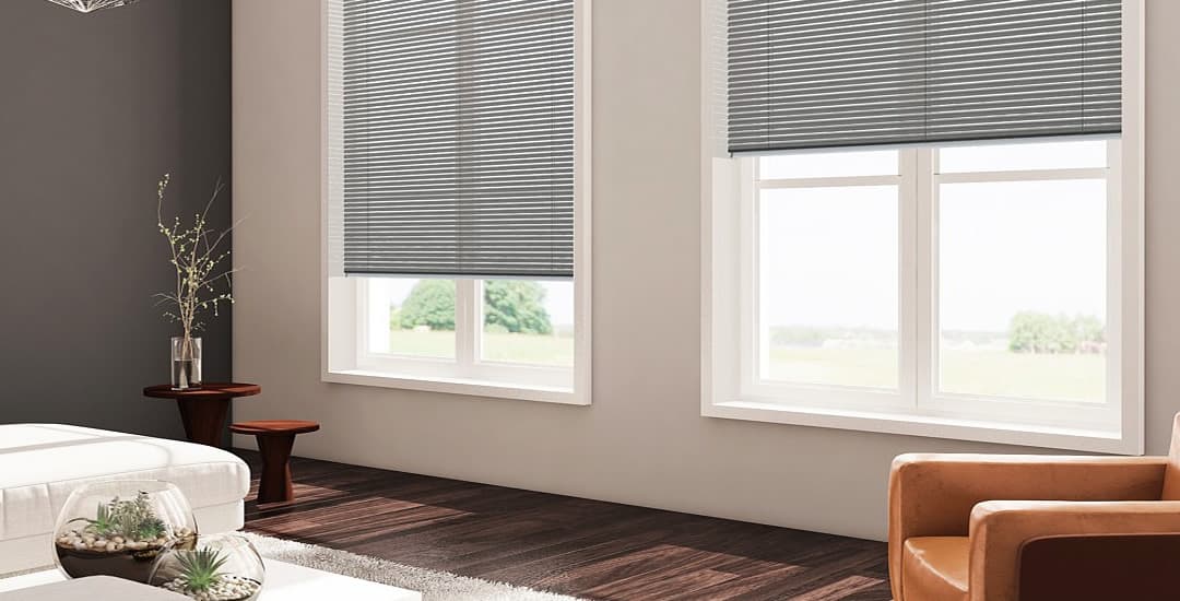 Brown aluminium venetian blinds in living room