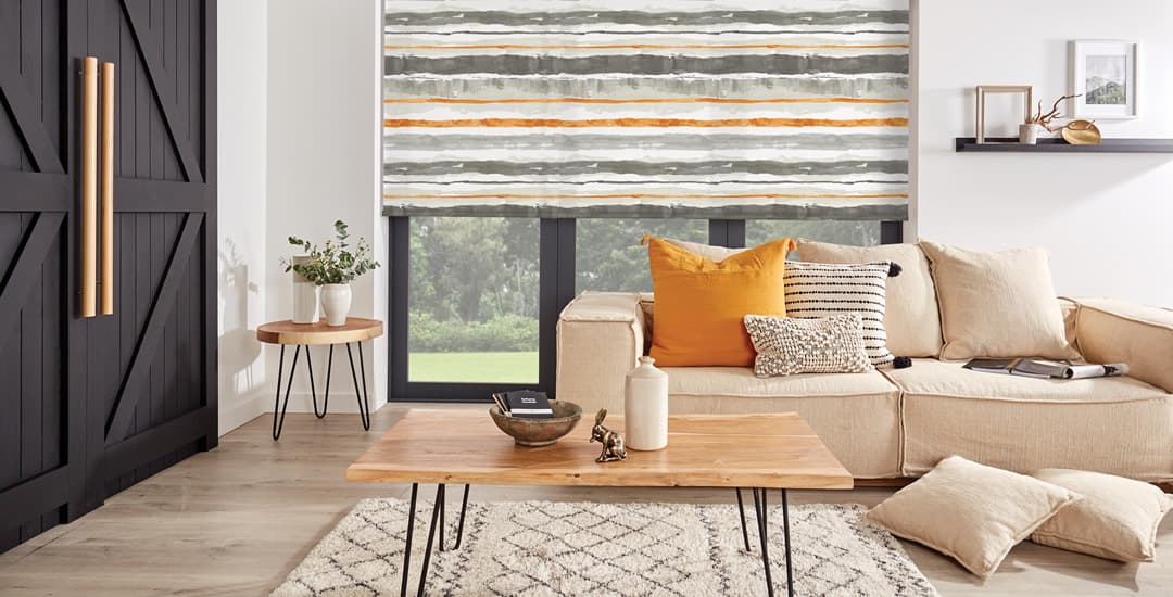 Contemporary colourful striped roller blind in living room