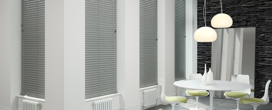 Grey wooden blinds in contemporary dining room