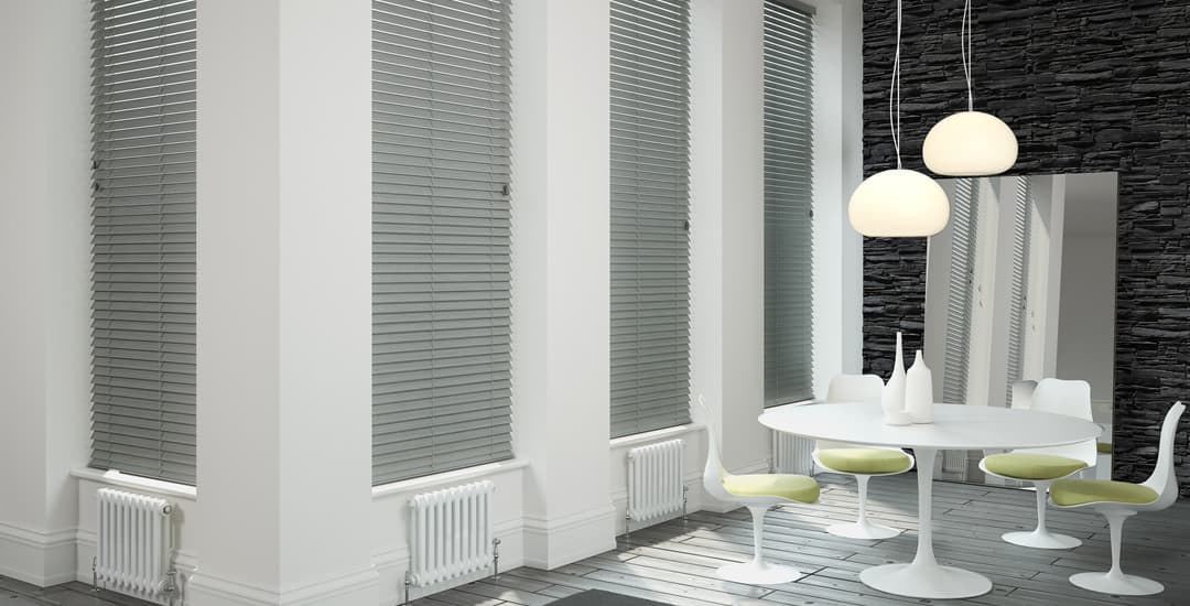 Grey wooden blinds in contemporary dining room