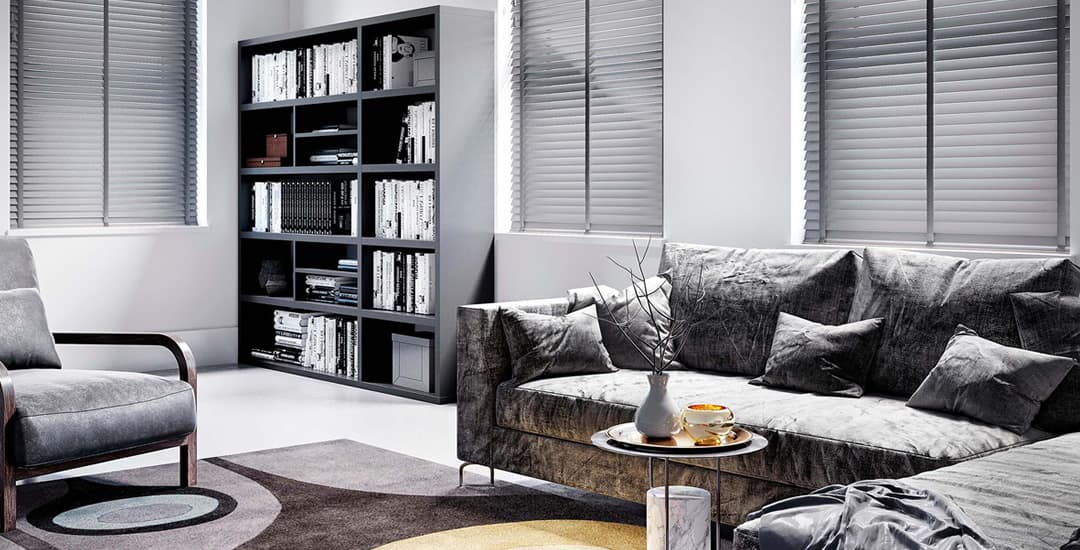 Grey wooden blinds with tapes in modern living room