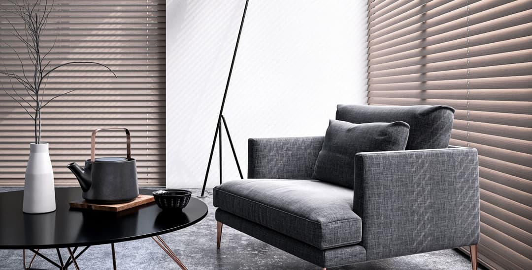 Horizontal real wooden blinds in sitting room