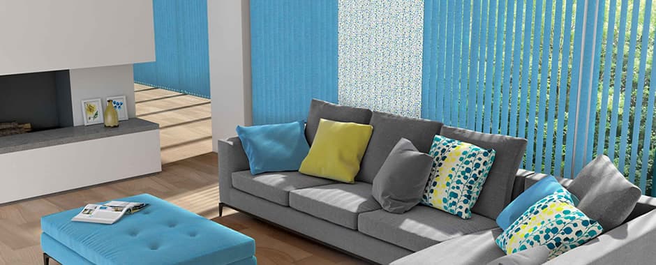Blue vertical blinds in contemporary living room