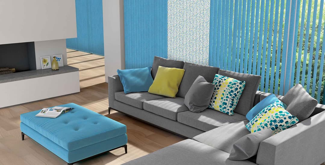 Blue vertical blinds in contemporary living room
