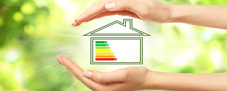 House with energy efficiency scale image on green background