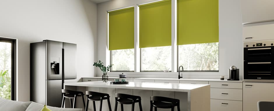 Lime green washable PVC roller blinds in luxury modern kitchen