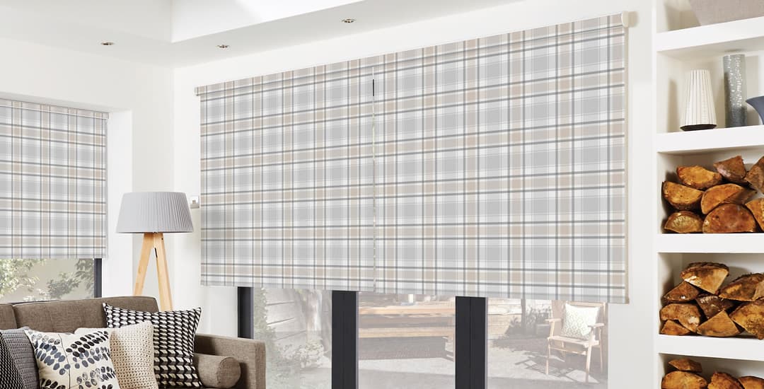 Tartan patterned roller blinds wider than the window recess