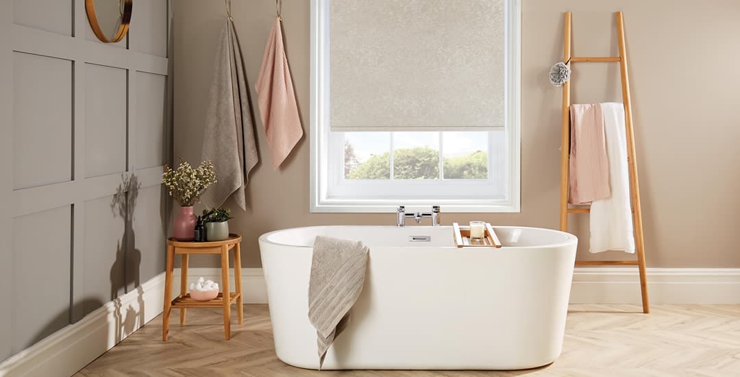 Beige and silver PVC waterproof roller blinds in bathroom