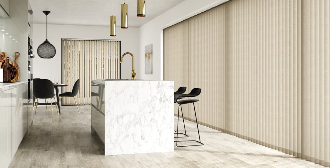 Extra wide cream textured vertical blinds in modern kitchen