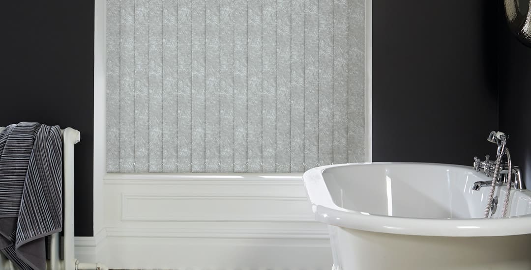 Grey brushstrokes patterned PVC vertical blinds in bathroom