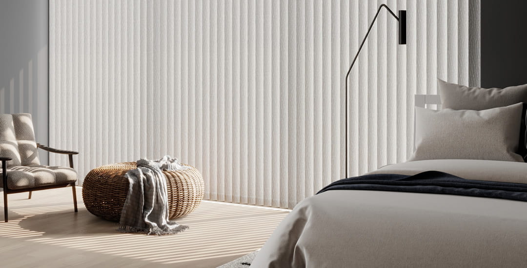 Luxury cream textured vertical blinds in bedroom