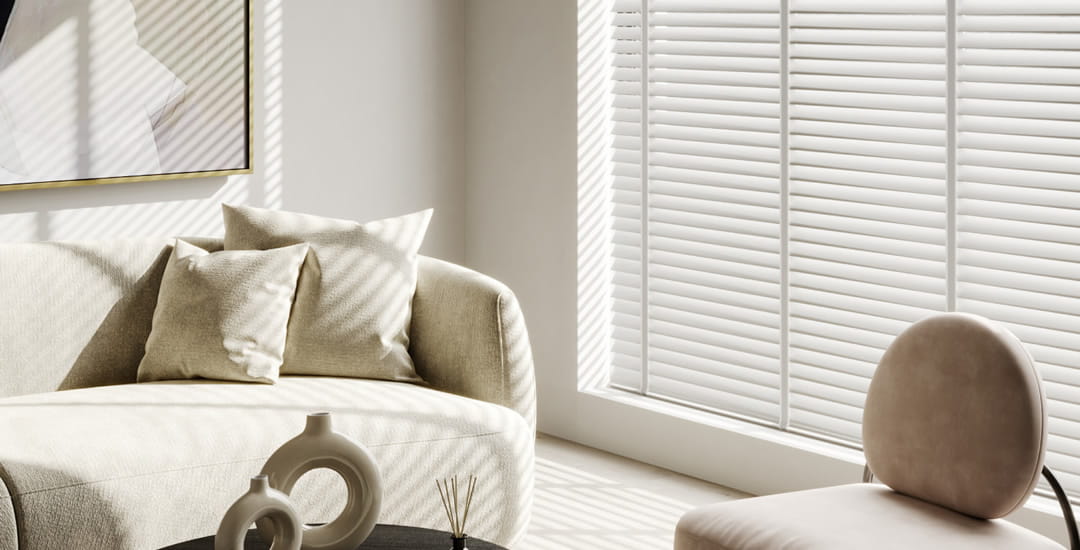 Luxury off white wooden blinds with tapes in living room