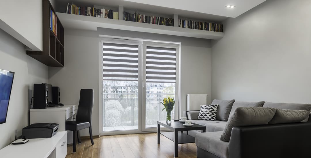 Small grey living room and office with bookcases