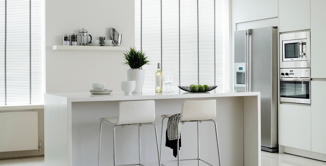 White real wood blinds with grey tapes in contemporary kitchen