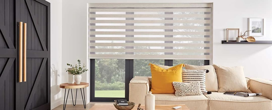 Beige day and night roller blinds in living room
